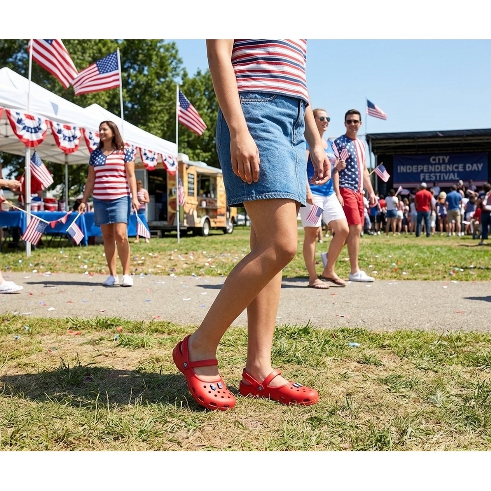 Crocs Shayna Mary Jane Red Clogs Flats Womens Shoes American Flag Jibbitz Charms